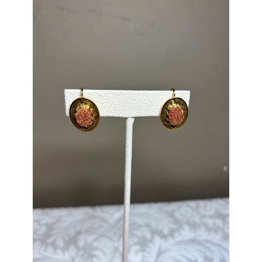 Gold Tone Orange Druzy Leverback Oval Drop Earrings Shimmering Textured vintage